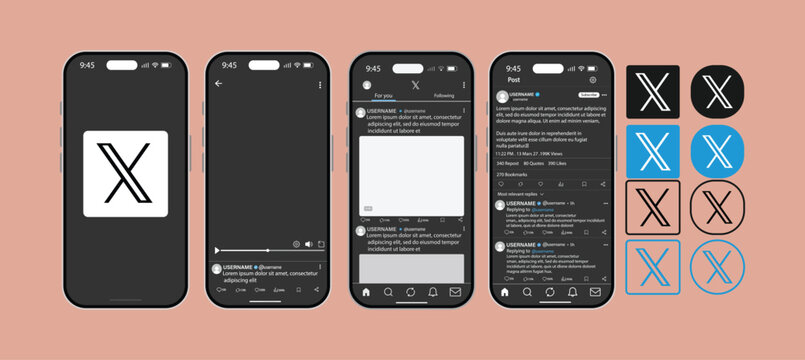 Dark mode X social media application with mobile phone screens. user interface with app button icons and post feed screens