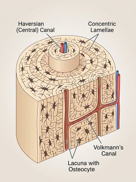 Detailed Structure of Compact Bone Tissue with Haversian Canals and Osteon