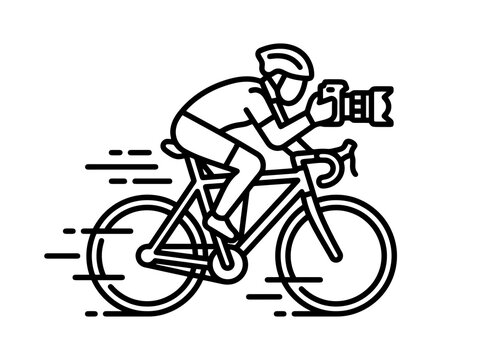 A cyclist with a camera rides a bike fast and captures a moment while pursuing a sport and hobby