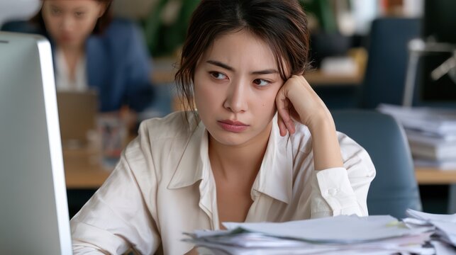 A woman looks tired and bored at her desk, surrounded by stacks of paper and a computer screen. Her head rests on her hand, and her eyes are unfocused, suggesting a long day of work.