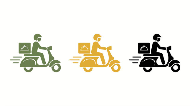 Food delivery scooter icons set with courier rider on motorcycle