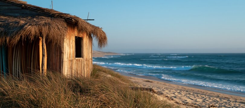 Wood and thatch surf shack with surfboards on sandy beach by ocean waves