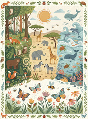 Naklejka premium Whimsical Nature Landscape Illustration Featuring Diverse Forest Savannah and Ocean Habitats