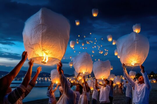 Participants release floating lanterns into the night sky at a coastal celebration