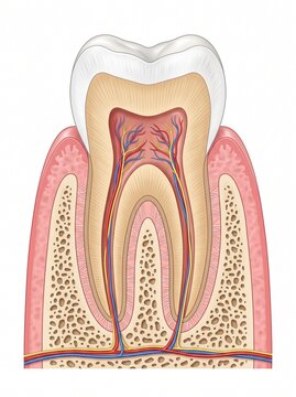 Detailed medical illustration of a human tooth cross-section showing enamel dentin and pulp