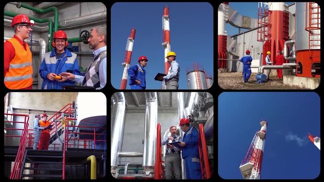 Modern Energy, Renewable Power and Construction Industry Multiscreen. Oil, gas, wind power, industrial facilities, construction and skilled workforce showcase modern infrastructure.