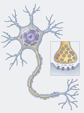 Detailed medical illustration of a multipolar neuron with synaptic vesicles and myelinated axon structure