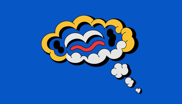 Stylized abstract cartoon thought bubble with a wavy mouth and eyes