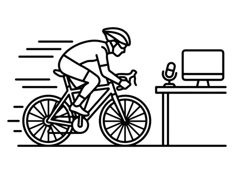 cyclist training indoors with computer and microphone while exercising with speed lines and motion