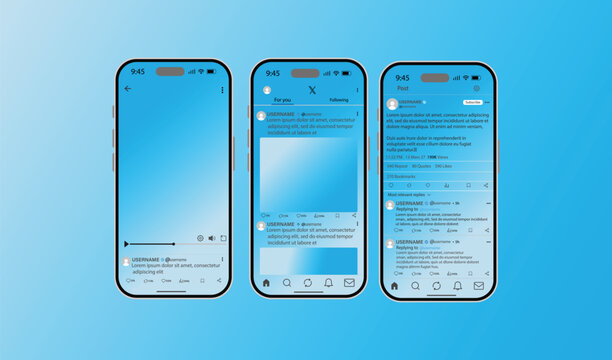 X social media app mobile UI wireframe template set. smartphone mockup displaying X. X interface layout with post feed. news feed, and profile interface on blue gradient background