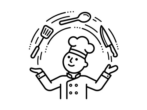 Happy chef juggling kitchen utensils with skill while preparing delicious food with joy