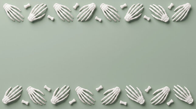White skeleton hands frame border over flat lay sage green background for Halloween cards.