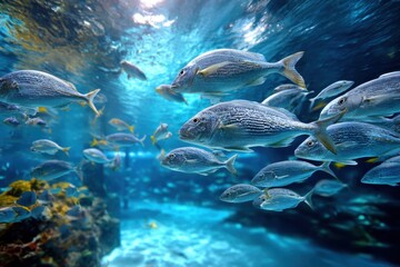 Fototapeta premium School of Fish Swimming in Clear Blue Ocean Water