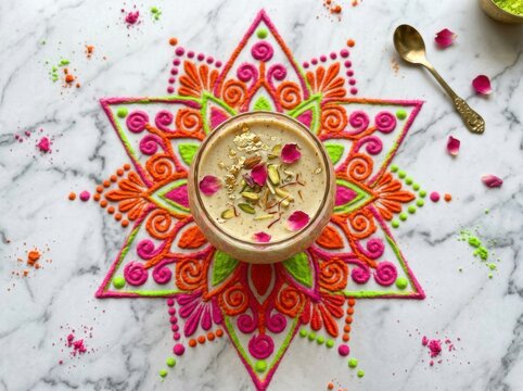 A glass of traditional indian thandai drink garnished with nuts and rose petals, placed on a colorful rangoli pattern on a marble surface