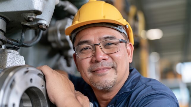 A middle-aged man with glasses wearing a yellow hard hat and a blue shirt, looking at the camera with a smile, leaning on industrial machinery