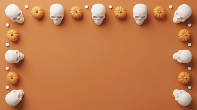 Minimalist white skulls and mini orange pumpkin border design for modern Halloween themes.