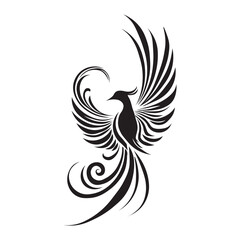 Fototapeta premium Black phoenix bird silhouette icon, mythical fire bird rising with spread wings design.