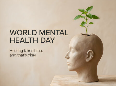 World mental health day concept with a plant growing from a human head