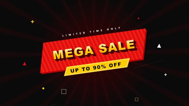 Mega Sale motion graphics footage with ninety percent discount on dark sunburst background loop.