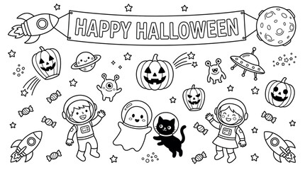 Happy halloween space coloring page with cute astronauts, pumpkins, aliens, rockets, and planets, vector illustration © Essential Design Lab