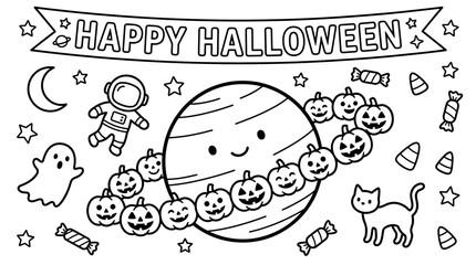 Cute halloween space coloring page with planet, astronaut, ghost, and candy © Essential Design Lab