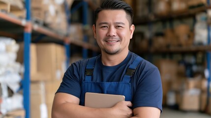 Obraz premium A man wearing blue overalls and a blue shirt, smiling confidently while holding a tablet computer and standing in a warehouse with stacked boxes and shelves in the background