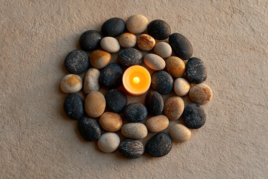 Smooth stones arranged in concentric circles around glowing candle on beige textured surface