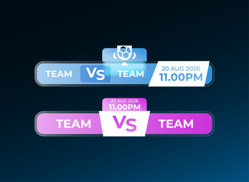 Modern football match graphics with blue and pink glassmorphism panels, team matchup, versus label, date and time, designed for sports broadcasts and digital interfaces.