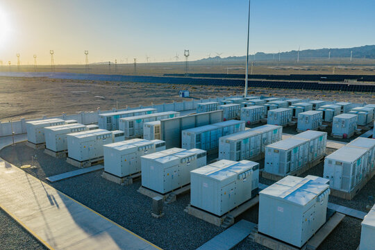 Energy storage station at sunset, new energy, shared power energy, solar photovoltaic power plant