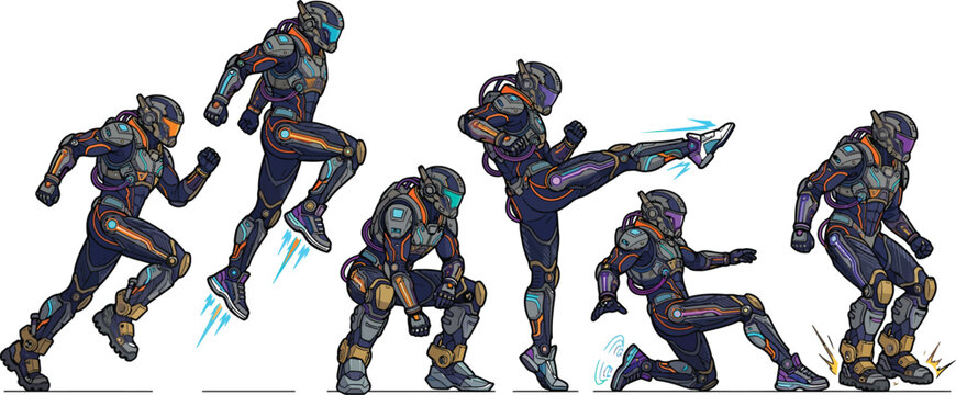 Futuristic sci-fi soldier character sprites, 2D game animation frames of armored warrior, cyberpunk combat poses vector set
