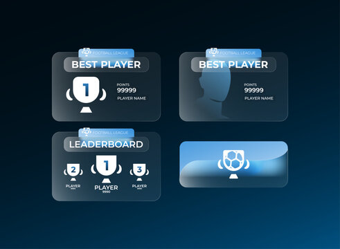 Modern football player ranking UI template with glassmorphism cards, best player profiles, podium leaderboard, trophy graphics, and sleek blue gradient styling.