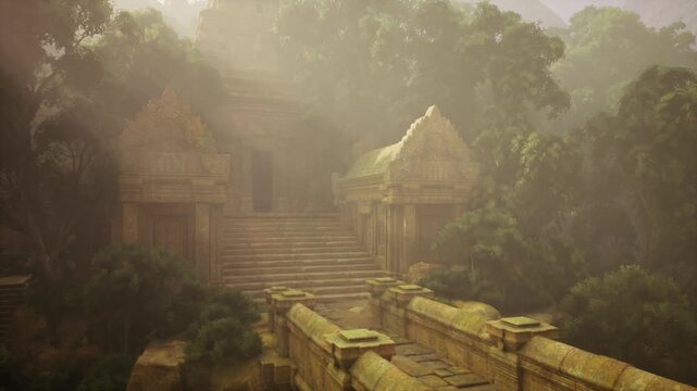 Overgrown temple stairway shrouded fog, warm shafts of light cut through leaves, weathered lintels display intricate carvings, vines drape over stone, mood