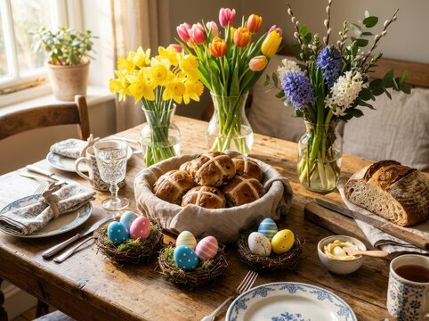 Traditional easter breakfast table setting with hot cross buns, colorful painted eggs, and spring flowers in vases