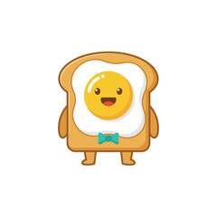 Obraz premium A cute vector illustration of a cartoon slice of toast topped with a smiling fried egg wearing a bow tie.