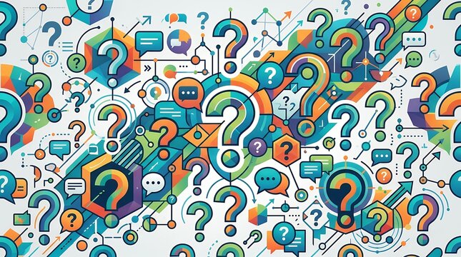 Vibrant interrogation symbol motif layout. Non-repeating geometric endless graphic kit. Dialogue interaction client support slideshow assistance frequently asked inquiries concept backdrop 