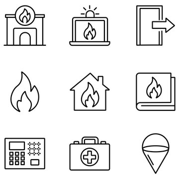 Fire safety line icons set, emergency prevention symbols, 9 black outline vector illustrations for protection and security