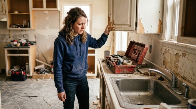 Frustrated homeowner inspecting peeling paint, misaligned cabinets, cracked tile floor, and a dripping faucet in a half finished kitchen renovation.