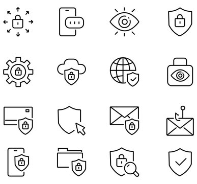 Cyber security line icons set, 16 vector web safety symbols, digital privacy and data protection outline graphics for UI design