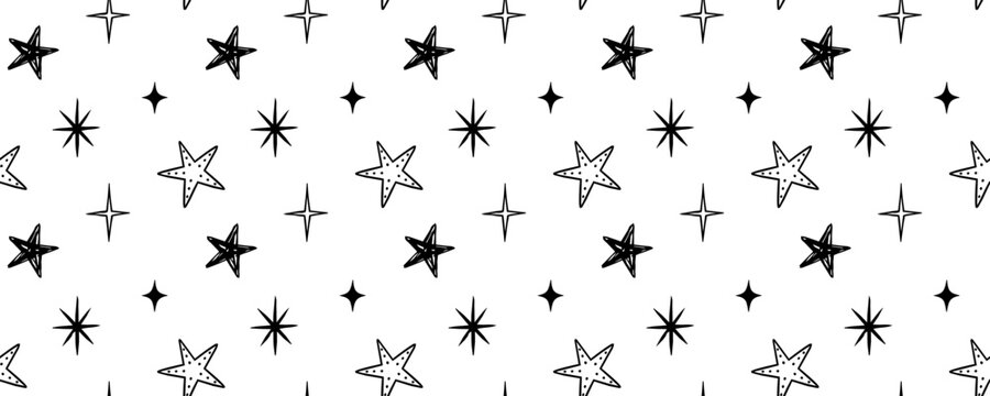 Seamless black hand drawn star and sparkle pattern on transparent background with varied celestial shapes, ideal for wrapping paper, textiles and decorative prints.