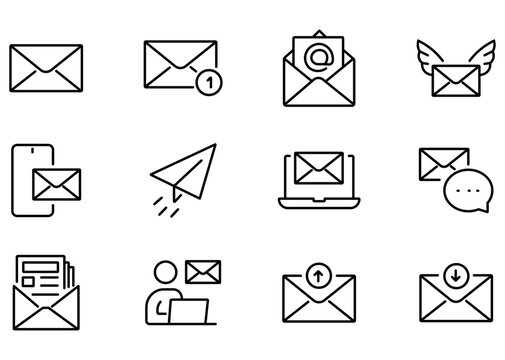 Minimalist email icons set, black line mail symbols for web design, 12 vector communication and newsletter interface elements