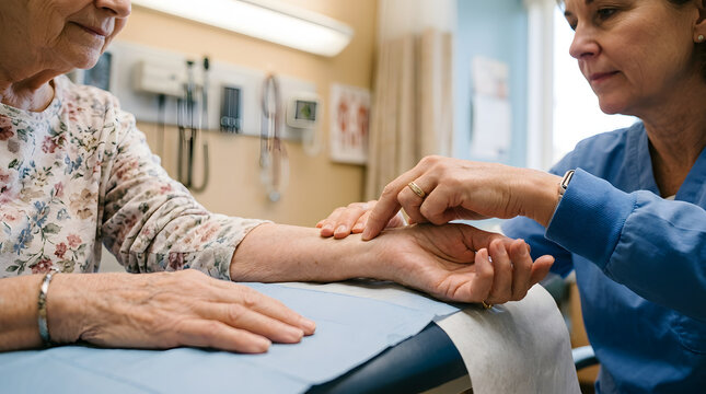 Nurse examining the pulse of an elderly female patient in a clinic room