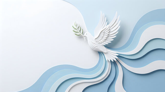 Paper craft white dove with olive branch flying over blue waves for international peace day celebration background