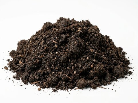 A pile of dark organic potting soil isolated on white background