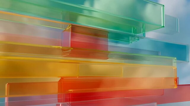 ?Vibrant floating glass panels with dynamic color transitions in bright sky