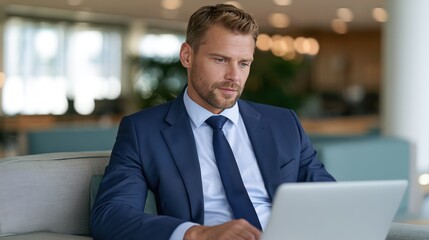 Fototapeta premium A focused businessman in a blue suit and tie working on his laptop in a modern office lobby. The background features soft bokeh lights and comfortable seating