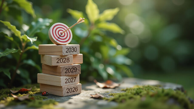 Stacked wooden blocks with years 2026 to 2030 and colorful spiral topper in a green garden