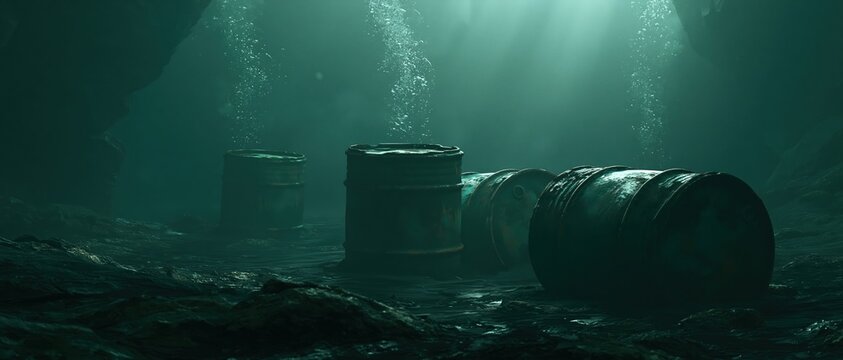 A cinematic medium shot of rusty hazardous barrels resting on the seabed. This radioactive waste causes critical pollution, with gas bubbles escaping into the dark green water.