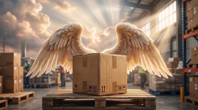 Cardboard Package Sheltered by Guardian Wings as Metaphor for Safe Shipping and Delivery Protection