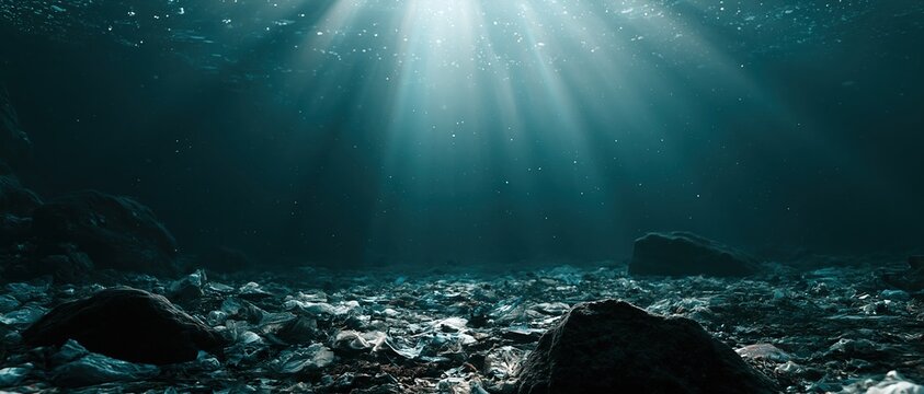 A depressing scene of plastic trash covering the dark ocean floor with rocks while sunbeams pierce through the deep blue water surface from above.