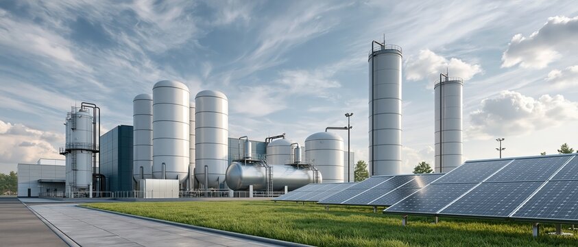 An advanced green technology plant featuring massive white storage tanks and rows of modern solar panel arrays, under a bright blue sky surrounded by grass fields..
